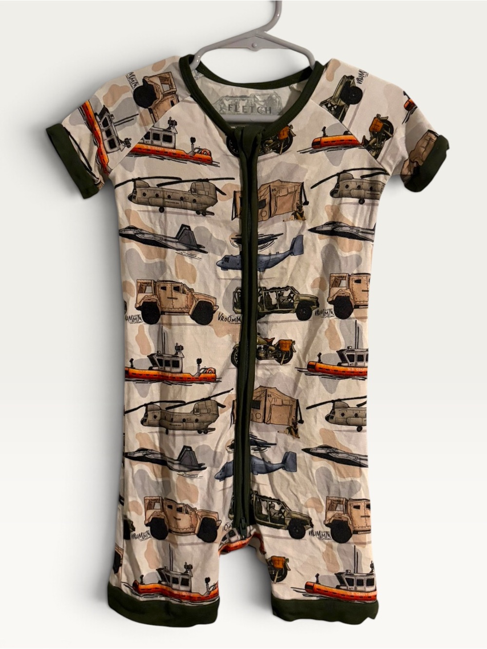Fletch Bamboo Military Vehicle Zip Romper Boys 2T